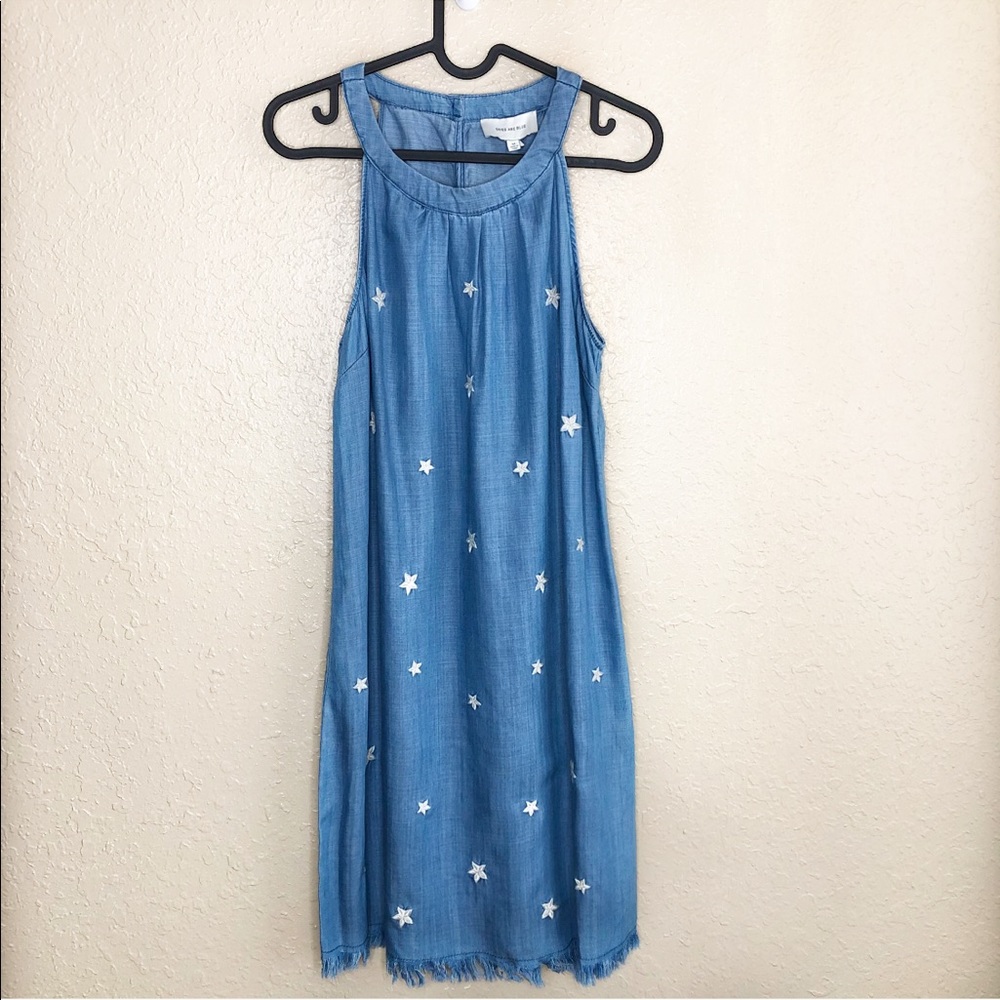 Skies Are Blue Blue Denim Embroidered Fringe Dress